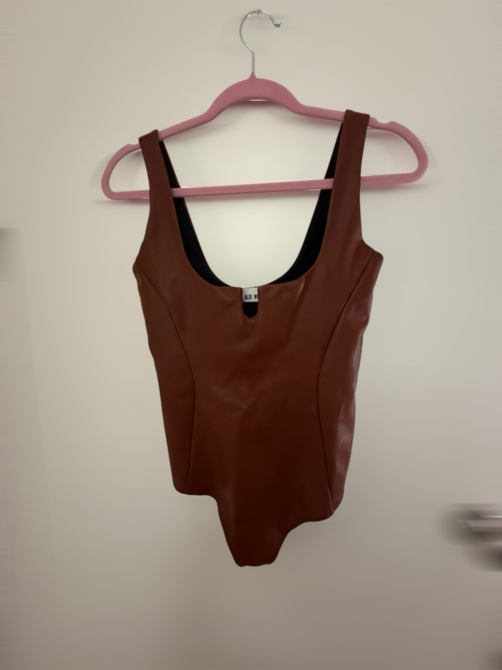 ALIX NYC Brown Faux Leather Bodysuit with Black Trim
